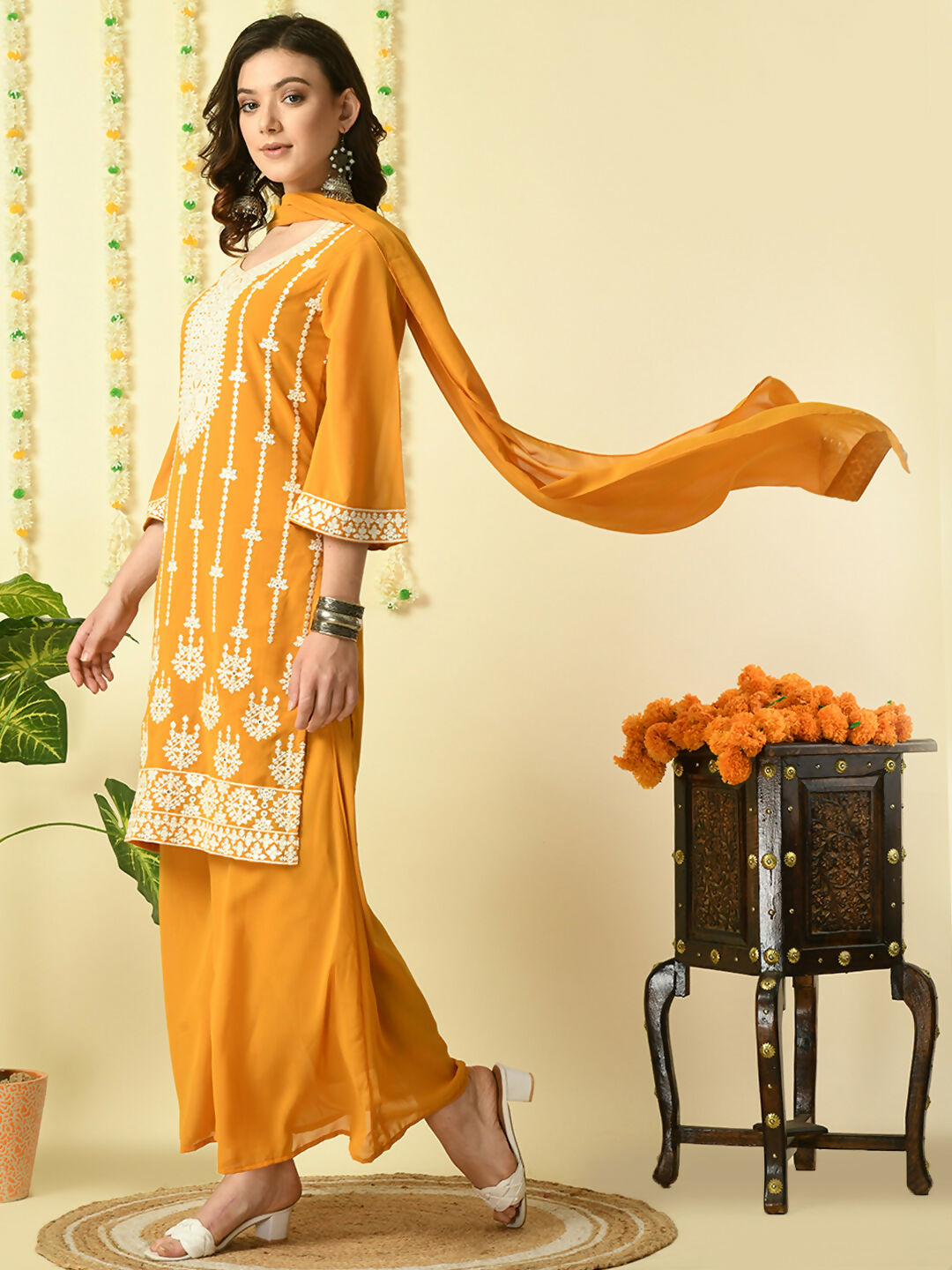 Myshka Women's Mustard Georgette Kurta & Palazzos With Dupatta Party Sets