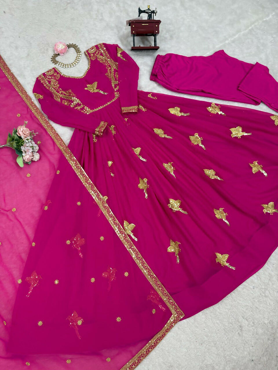 The52 Women's Gorgeous Faux Georgette Fabric Embroidery Work Flared Anarkali Pant and Dupatta Set - Distacart