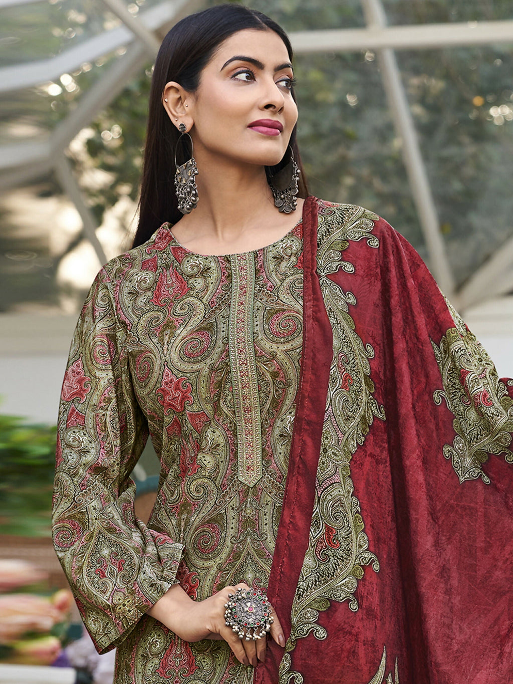 Jyoti Fashion Women's Green Velvet Digital Print with Resham Thread work Kurta with Trouser & Dupatta