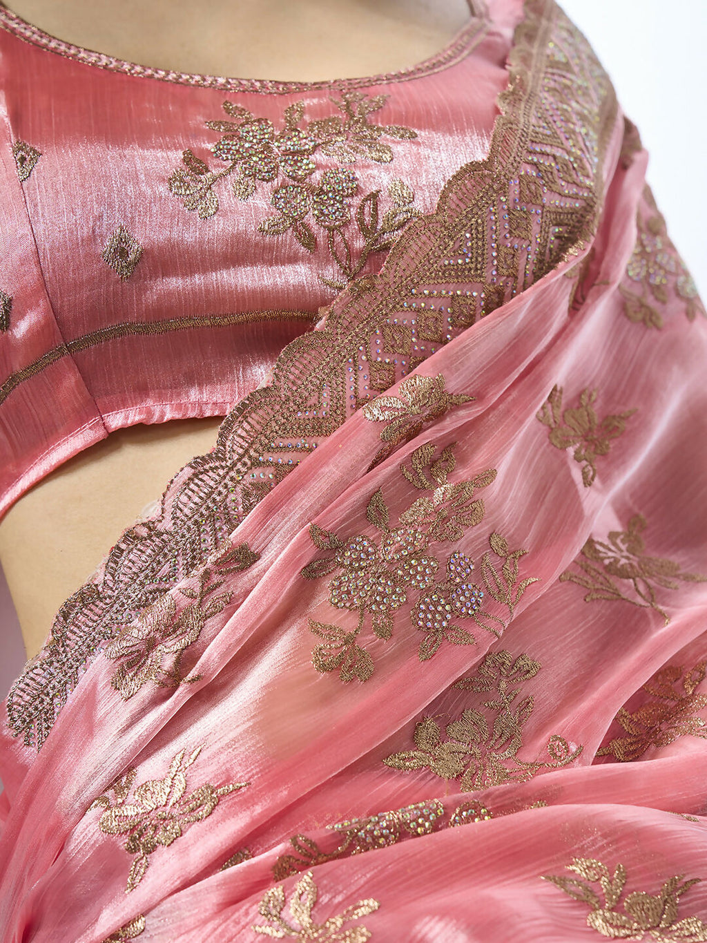Coral Burburry silk Designer Embroidery Work Saree - Shezlin