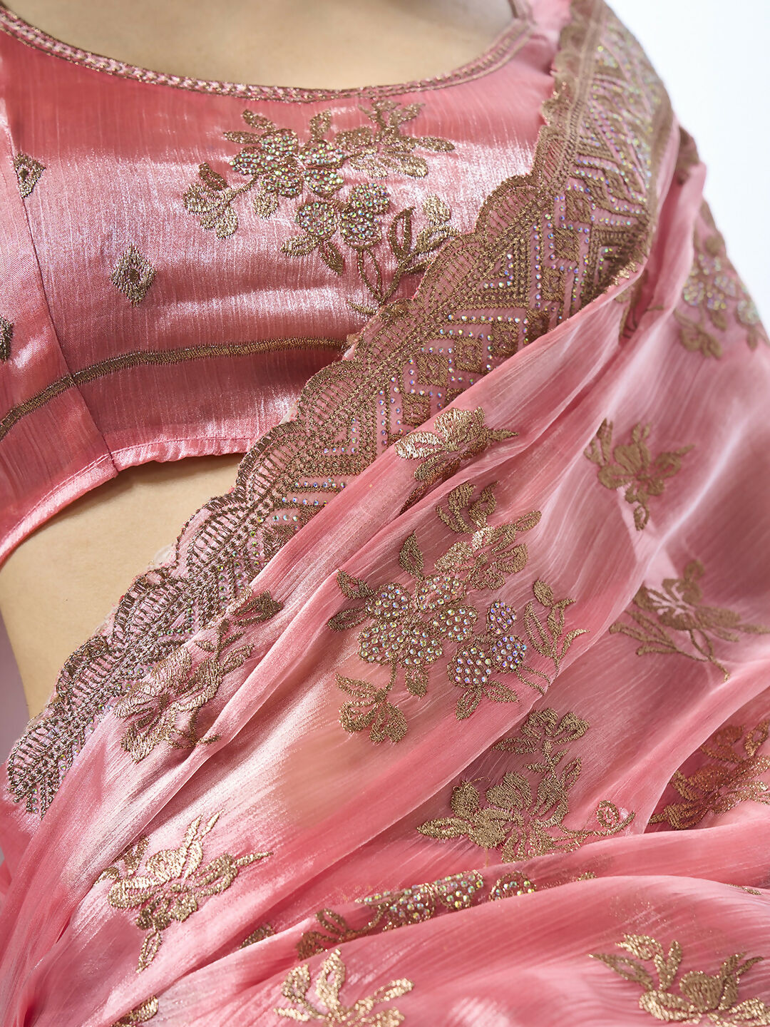 Coral Burburry silk Designer Embroidery Work Saree - Shezlin