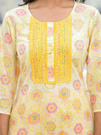 Juniper Women's Yellow Floral Printed Cotton Kurta Pant With Dupatta Set With Sequins & Thread Work