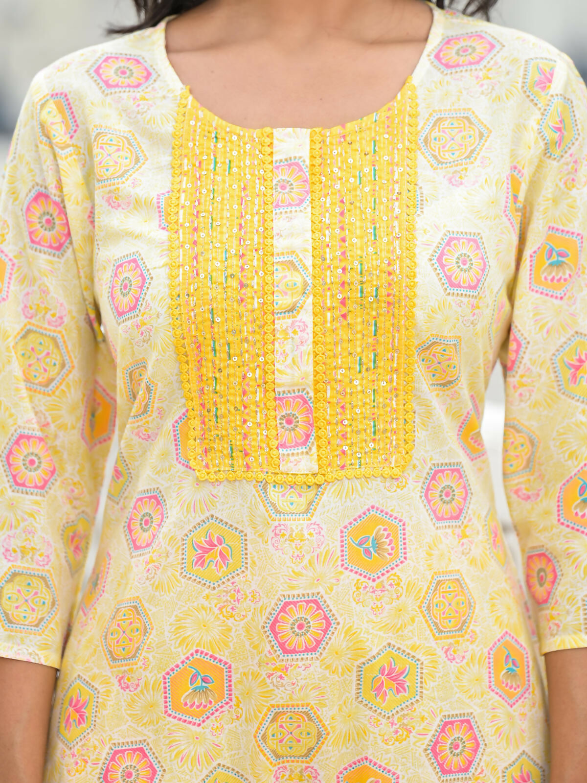 Juniper Women's Yellow Floral Printed Cotton Kurta Pant With Dupatta Set With Sequins & Thread Work