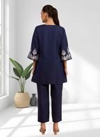 Joban Fashion Navy Blue Cotton, Linen Embroidered Readymade Cord Set - Distacart