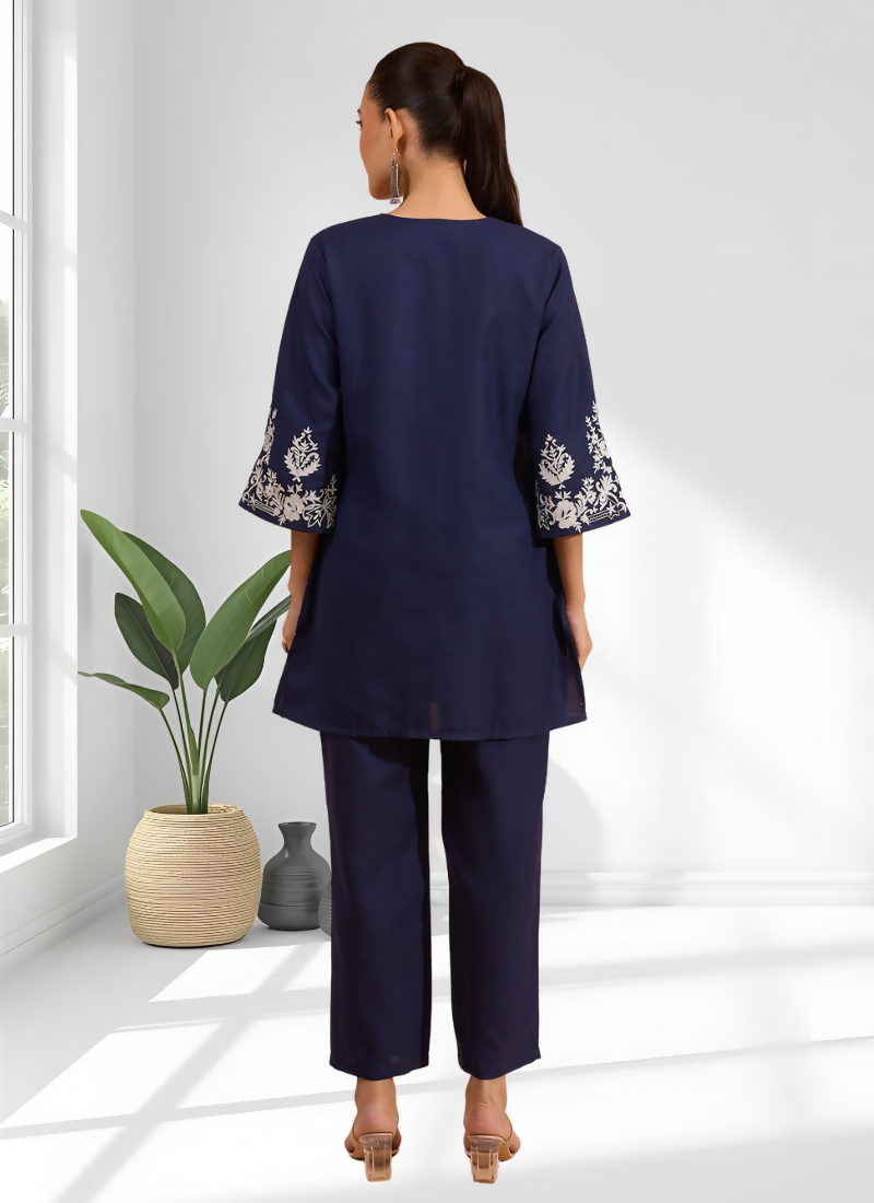 Joban Fashion Navy Blue Cotton, Linen Embroidered Readymade Cord Set - Distacart