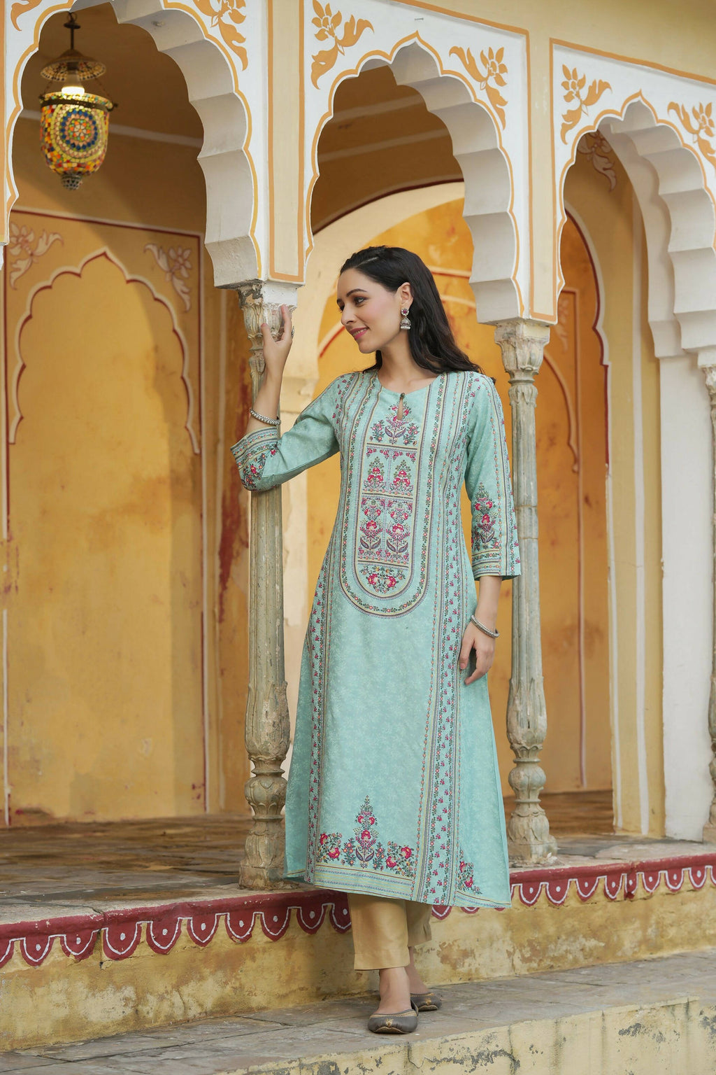 Juniper Women's Sky Blue Rayon Staple Printed A-Line Kurta - Distacart