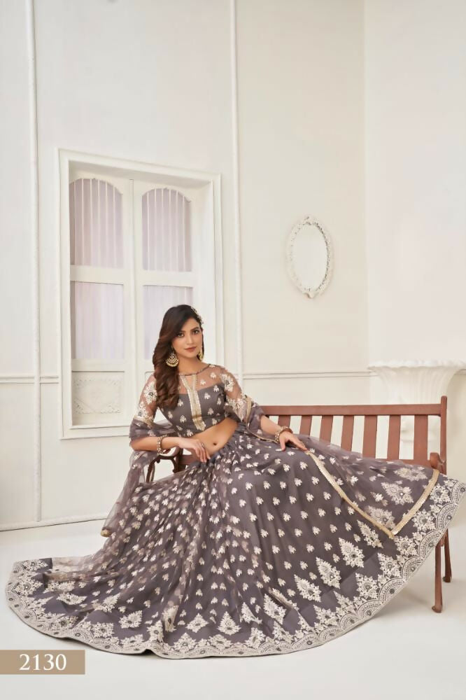 Aastha Fashion Space Gray Butterfly Net White Cotton Thread Work And Sequence Work Embroidery Wedding Wear Lehenga Choli