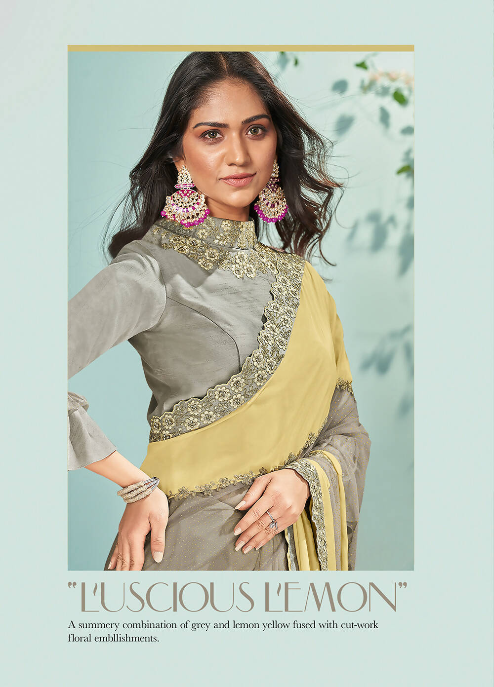 Yellow & Grey Silk Glitter Georgette Texture Saree With Unstitched Blouse Piece - Norita Ikshita