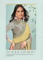 Yellow & Grey Silk Glitter Georgette Texture Saree With Unstitched Blouse Piece - Norita Ikshita