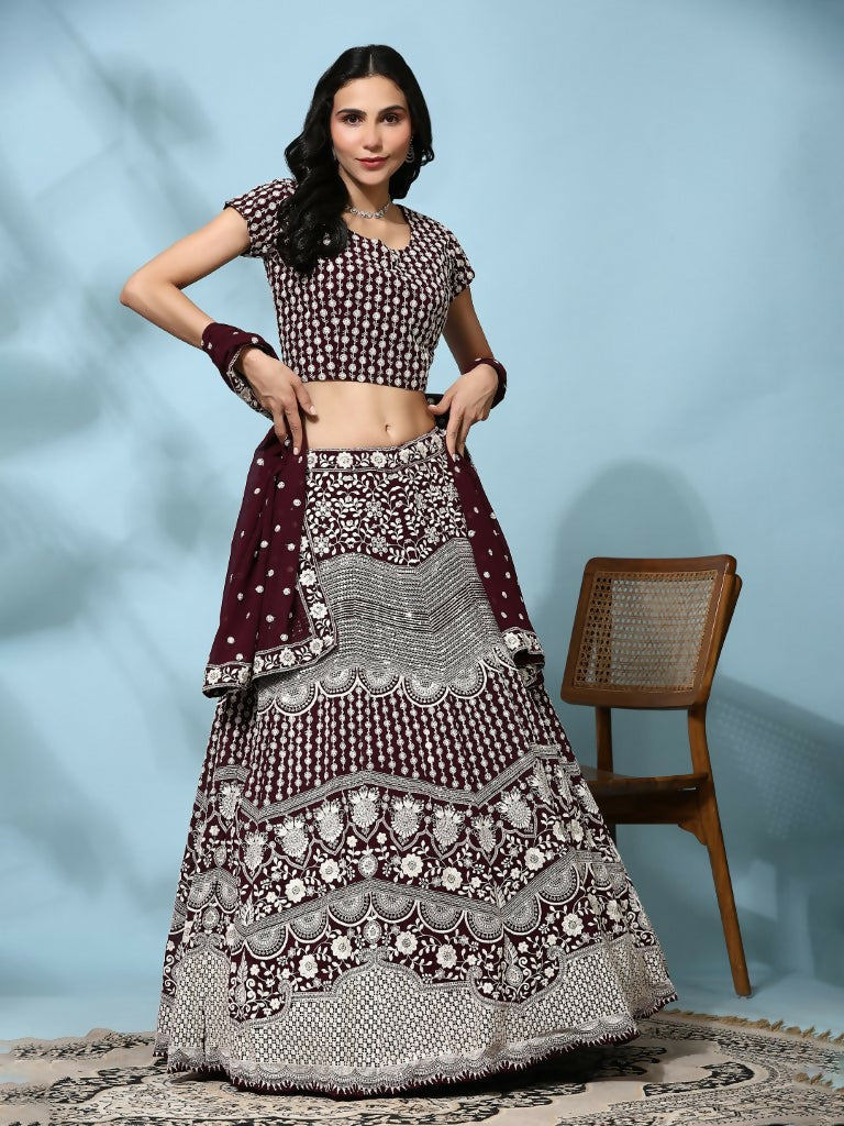 Brown Georgette Thread Embroidered Lehenga Choli with Dupatta - Tanya