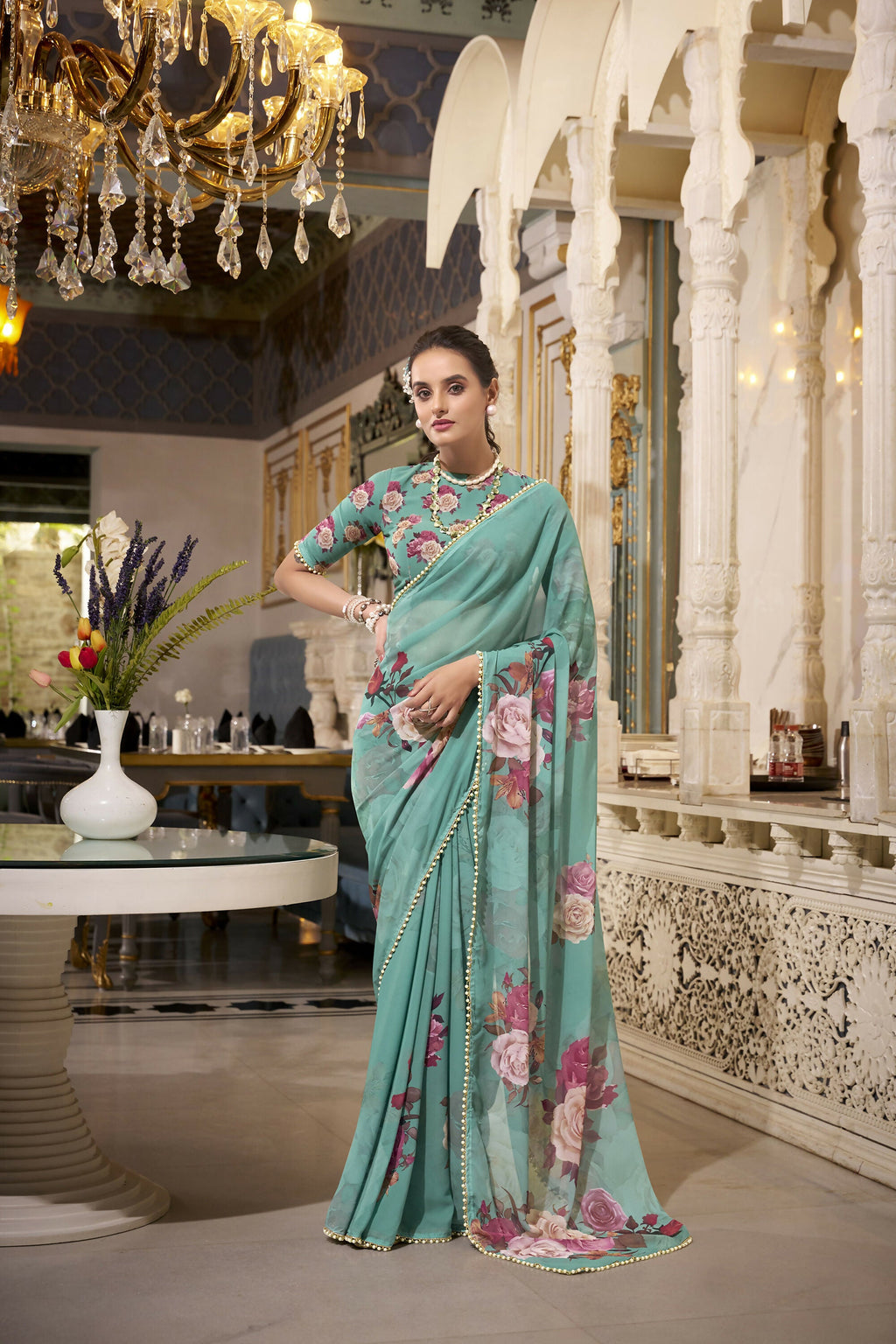 Vastranavya Green Spectacular Georgette Printed with Pearl Lace Saree with Unstitched Blouse - Distacart