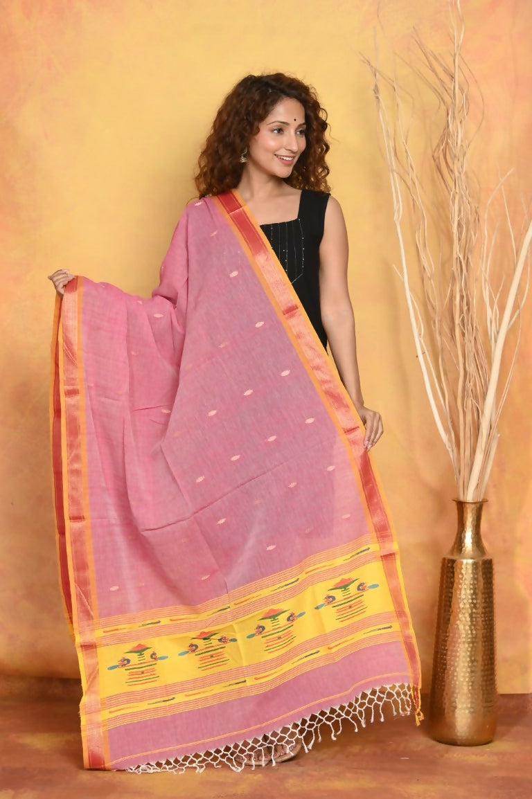 Very Much Indian Handloom Pure Cotton Paithani Dupatta Pink