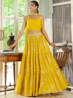 Janasya Yellow Georgette Solid Lehenga Choli Dupatta