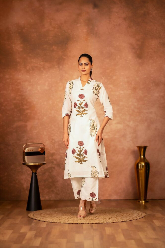 Joban Fashion Off White Red Floral Hand Block Printed Cotton Kurta Pant Set - Distacart