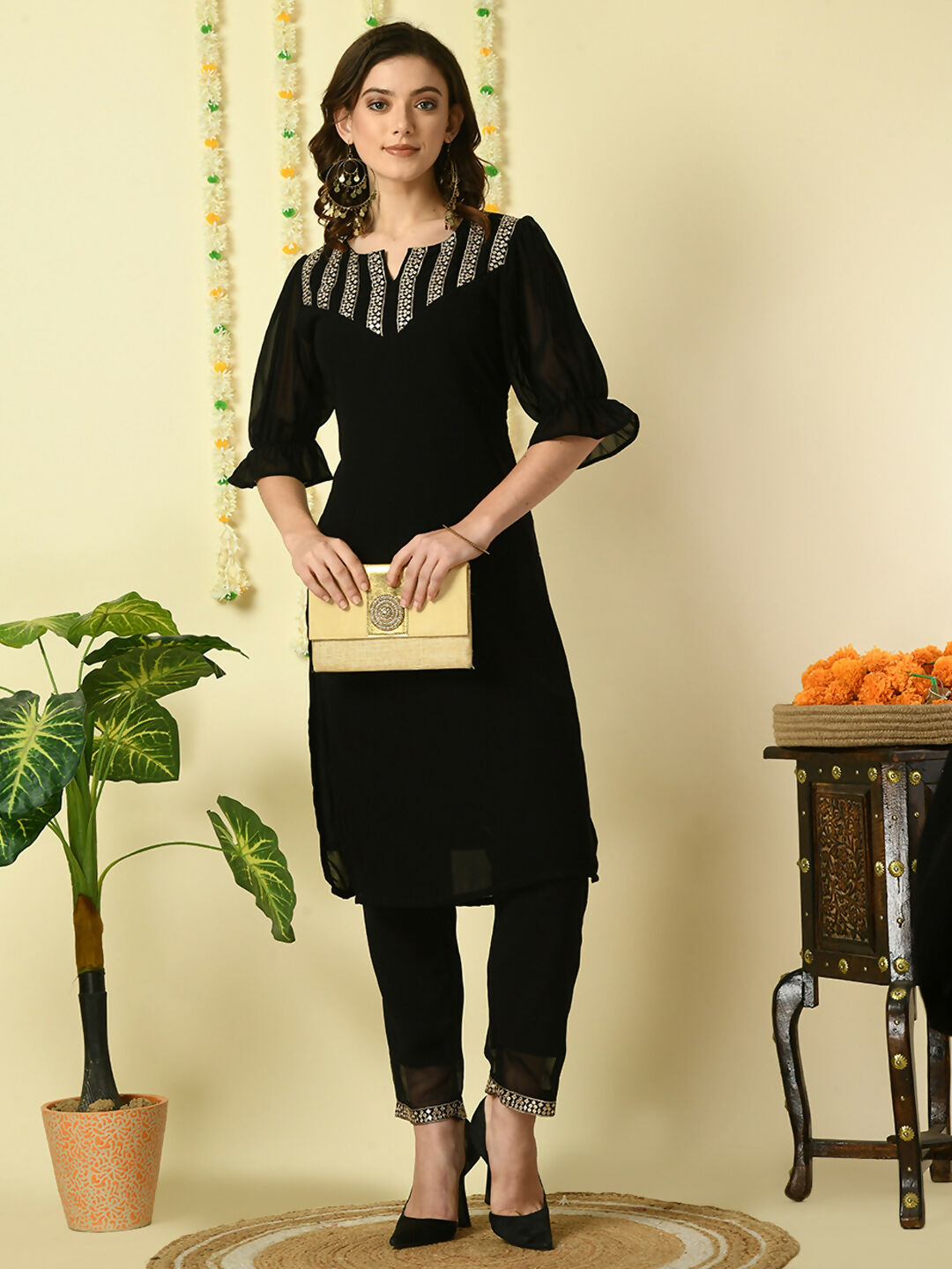 Myshka Women's Black Georgette Kurta With Trousers Party Sets
