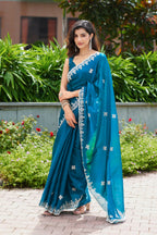 Vastranavya Teal Embroidery Work Shimmer Chiffon Saree with Unstitched Blouse - Distacart