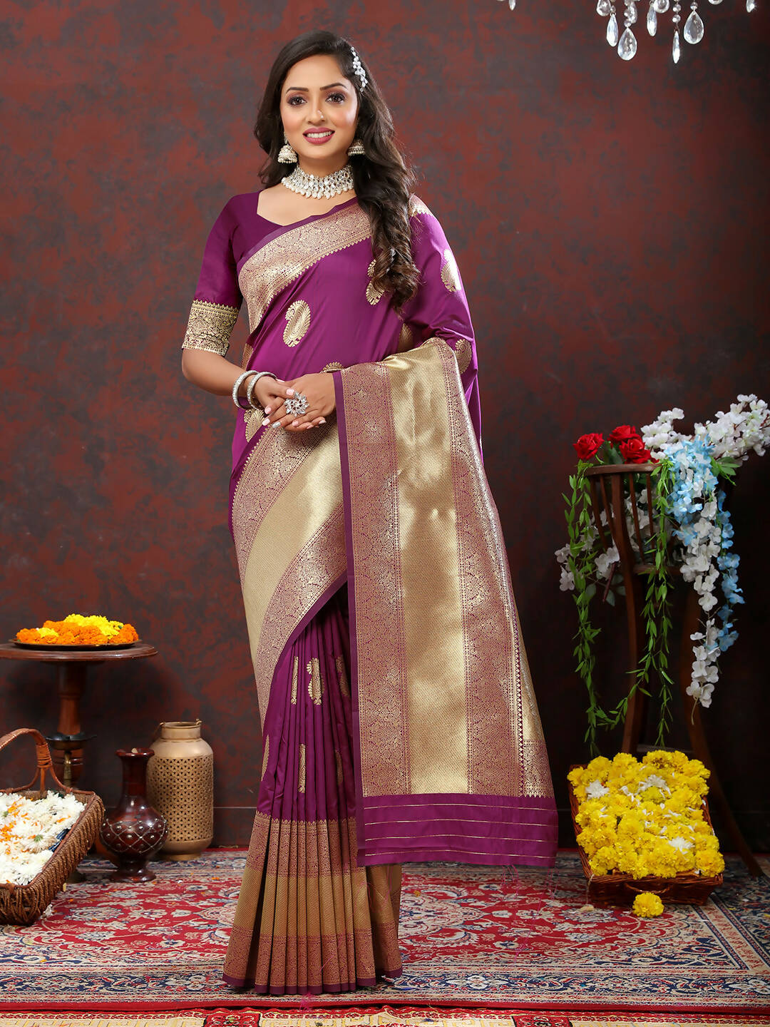 Lorenvalley Fashion Wine Soft Silk Woven Design Gold Zari Weaving Saree