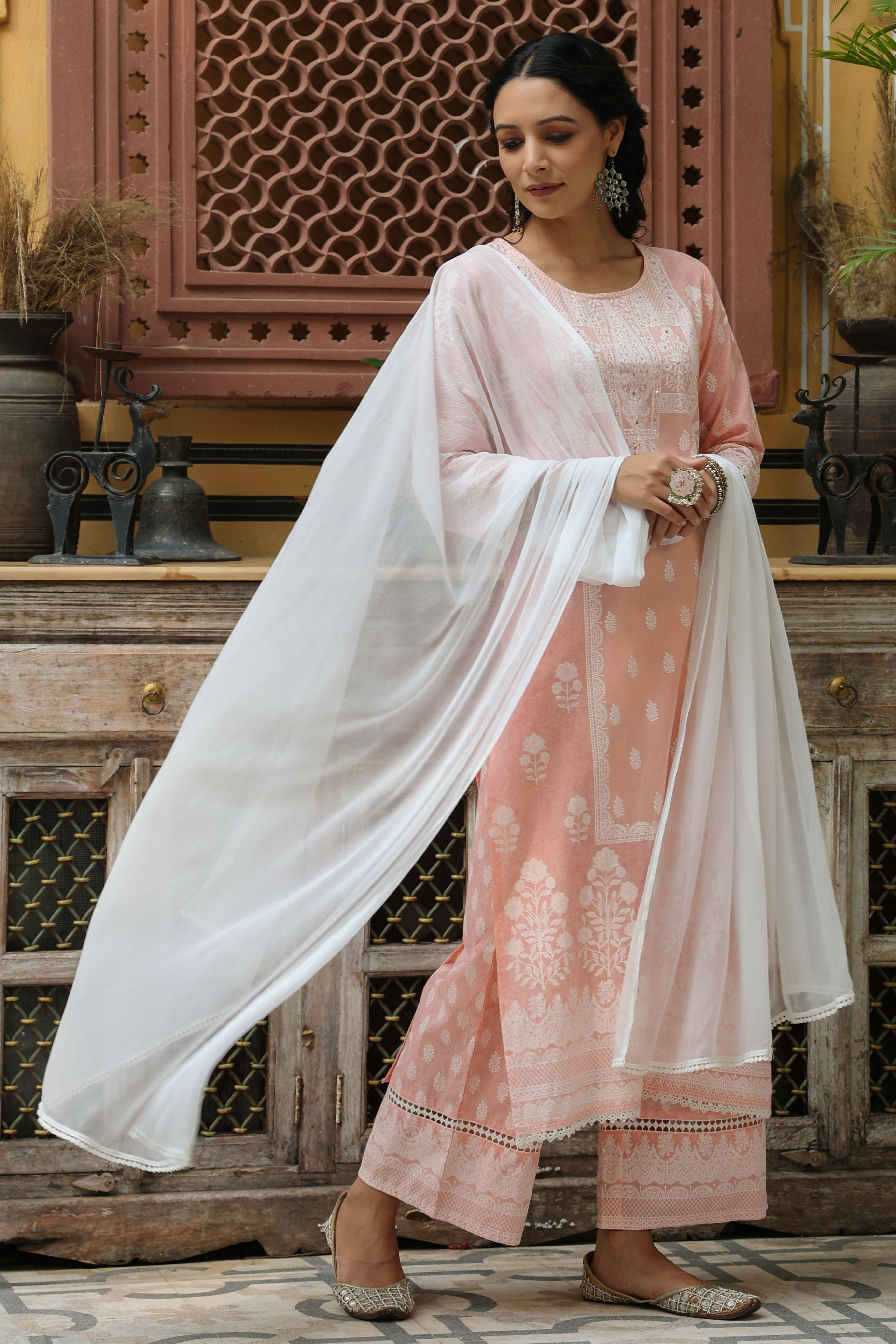 Juniper Women's Peach Printed Straight Kurta Sets - Distacart