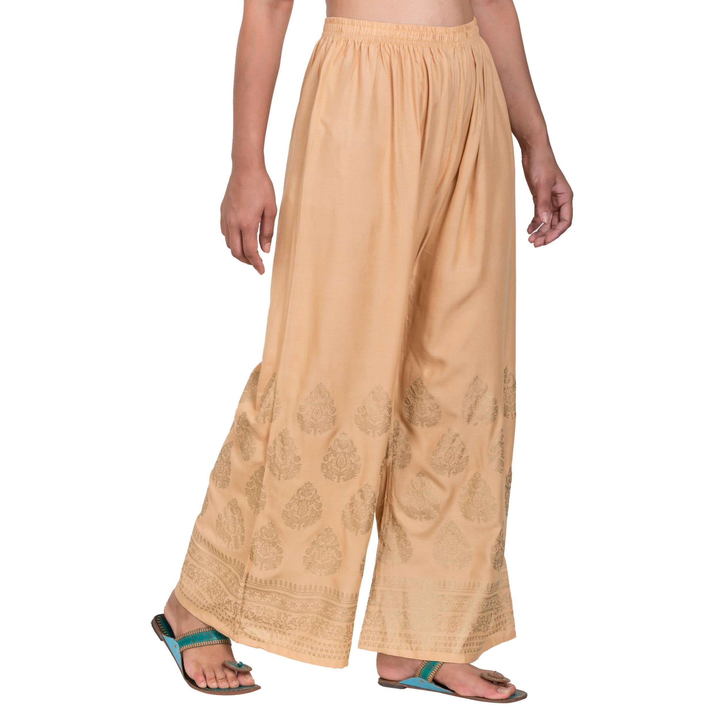 PAVONINE Beige Color Golden Printed Rayon Fabric Sharara For Women & Girls - Distacart