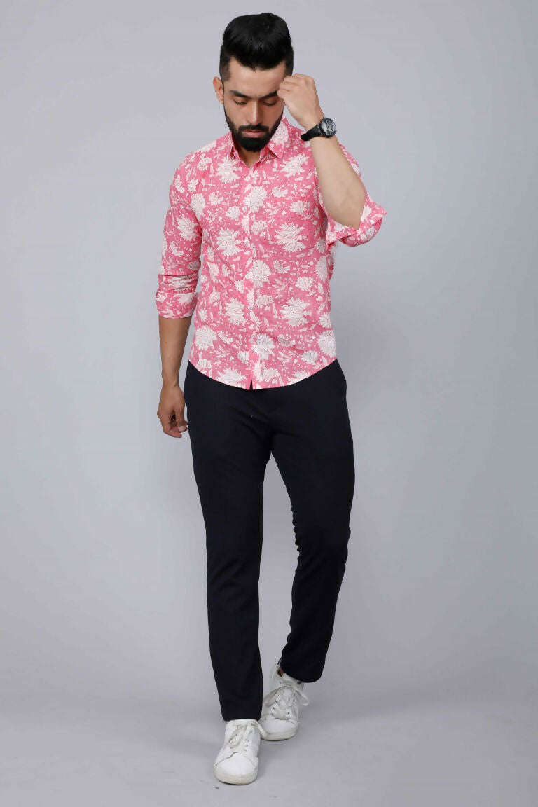 Miravan Men's Pink Floral Print Comfort Cotton Casual Shirt