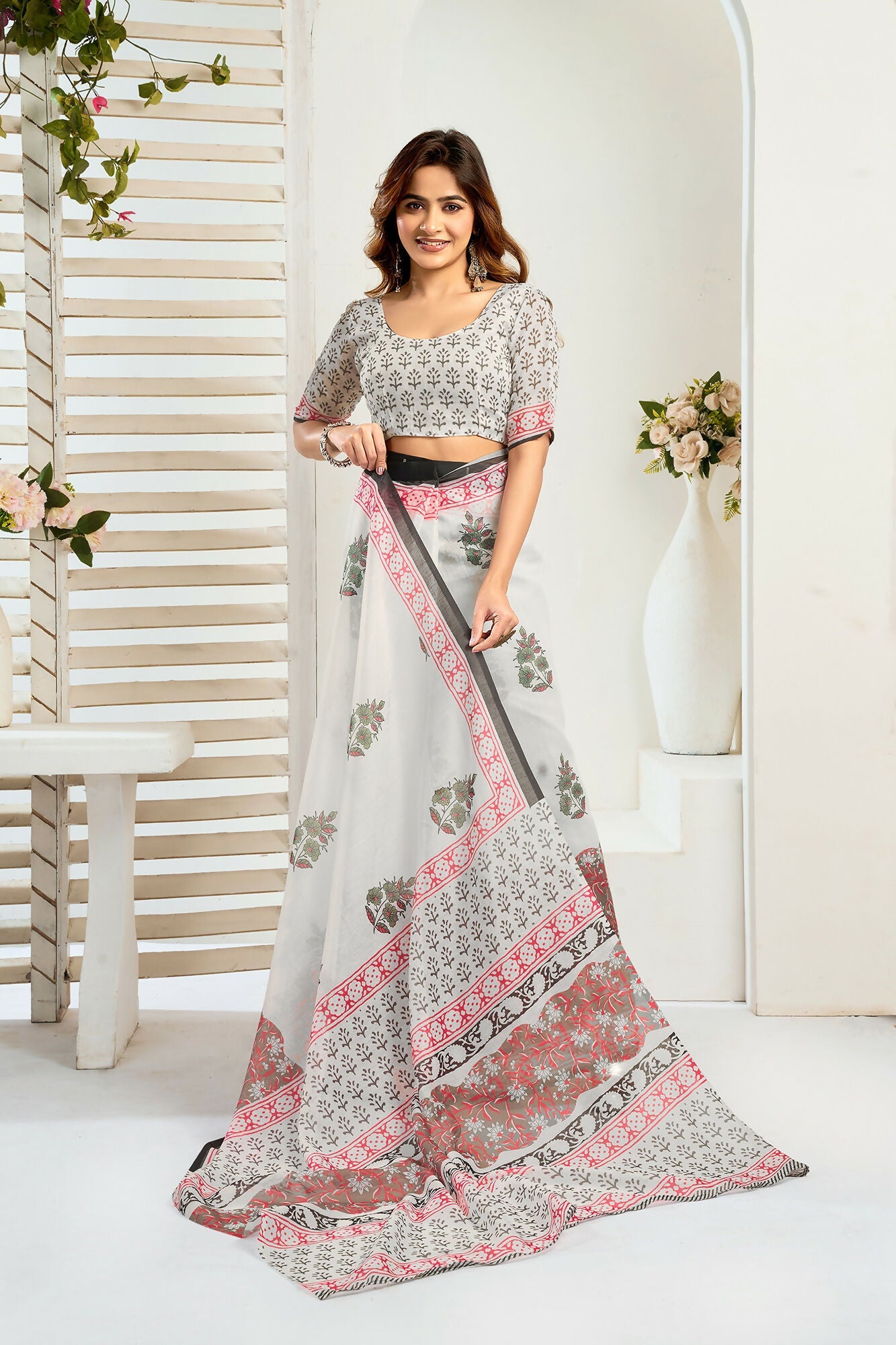 Vastranavya Green Digital Printed Linen Ready To Wear Designer Saree with Unstitched Blouse - Distacart