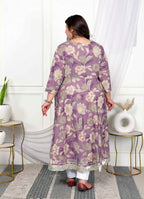 Miravan Women's Plus Size Purple Flower Printed With Beautiful Lace Border Details Anarkali Kurta