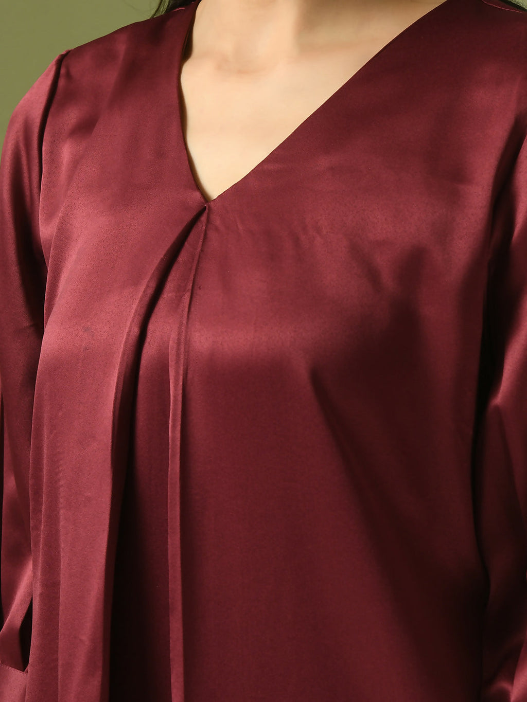 Myshka Women's Maroon Solid Satin V-Neck Party Tunic With Trousers Co-ord set