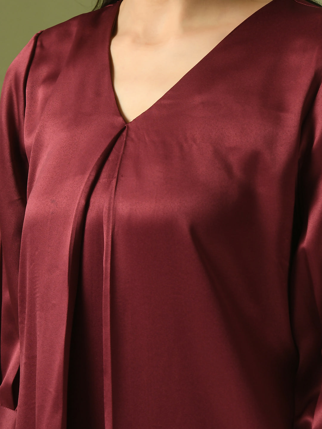 Myshka Women's Maroon Solid Satin V-Neck Party Tunic With Trousers Co-ord set