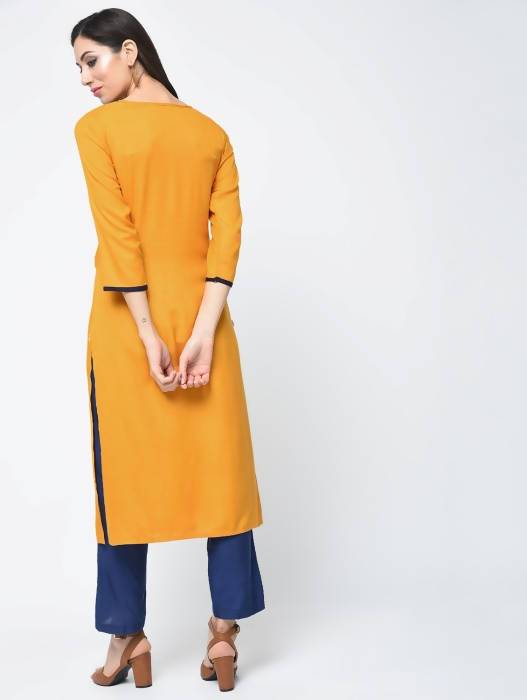 Aniyah Rayon Block Printed Straight Kurta In Mustard And Blue (AN-119K)