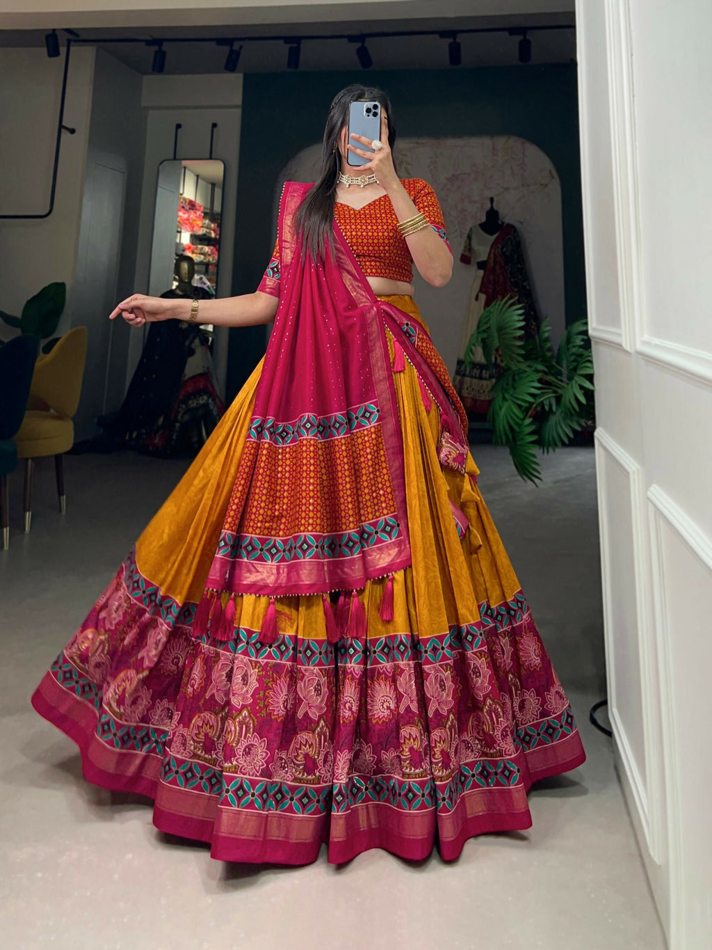 Vastranavya Floral Print With Foil Print Tussar Silk Lehenga with Unstitched Blouse - Mustard