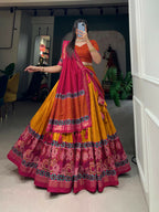 Vastranavya Floral Print With Foil Print Tussar Silk Lehenga with Unstitched Blouse - Mustard