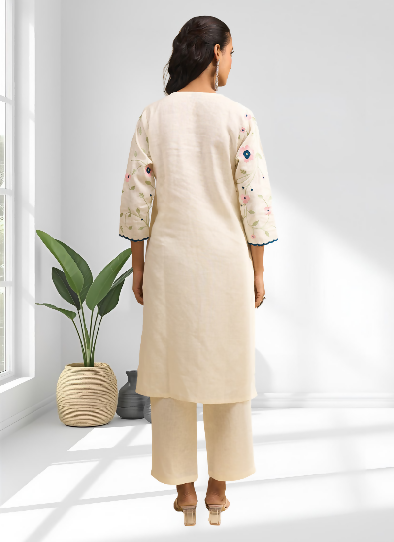 Joban Fashion Cream Linen Embroidered Readymade Long Kurta With Pant - Distacart