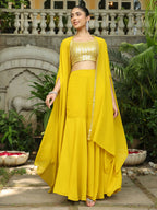 Janasya Yellow Georgette Sequined Top Bottom Cape