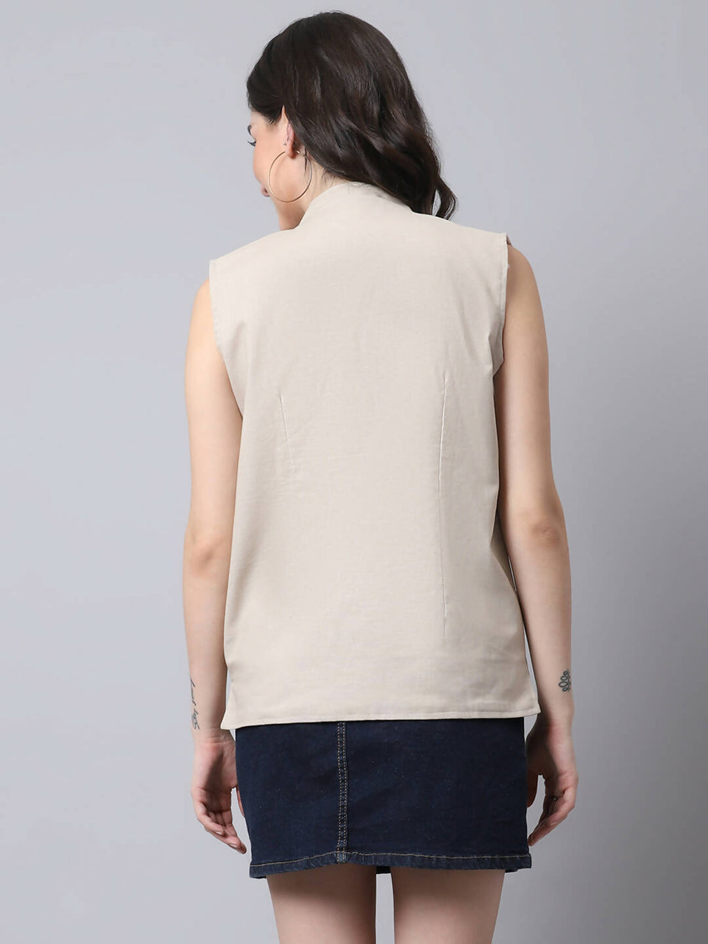 Even Apparels Cream Linen Cotton Open Front Women's Waistcoat