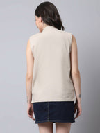 Even Apparels Cream Linen Cotton Open Front Women's Waistcoat