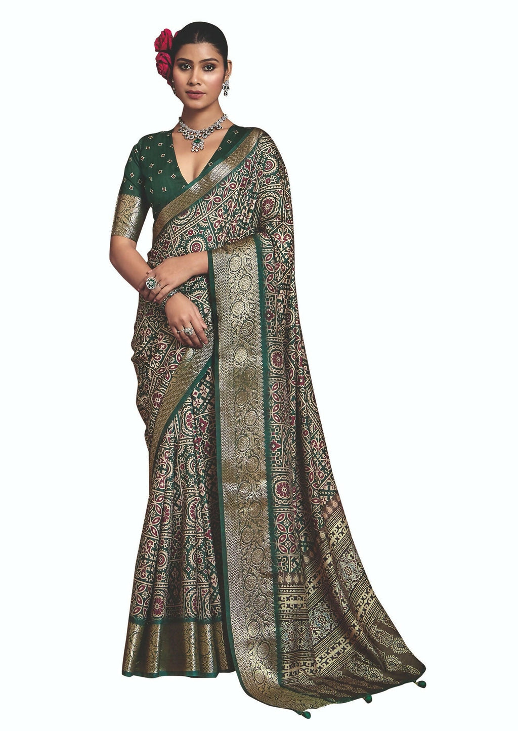 Joban Fashion Green Art Silk With Fine Viscose Border Ajrak Full Body Print With Soft Finish Saree - Distacart