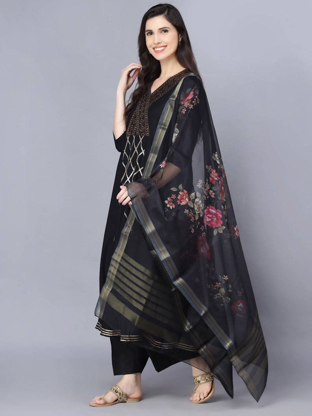 Myshka Women Black Printed Kurta with Dupatta - Distacart
