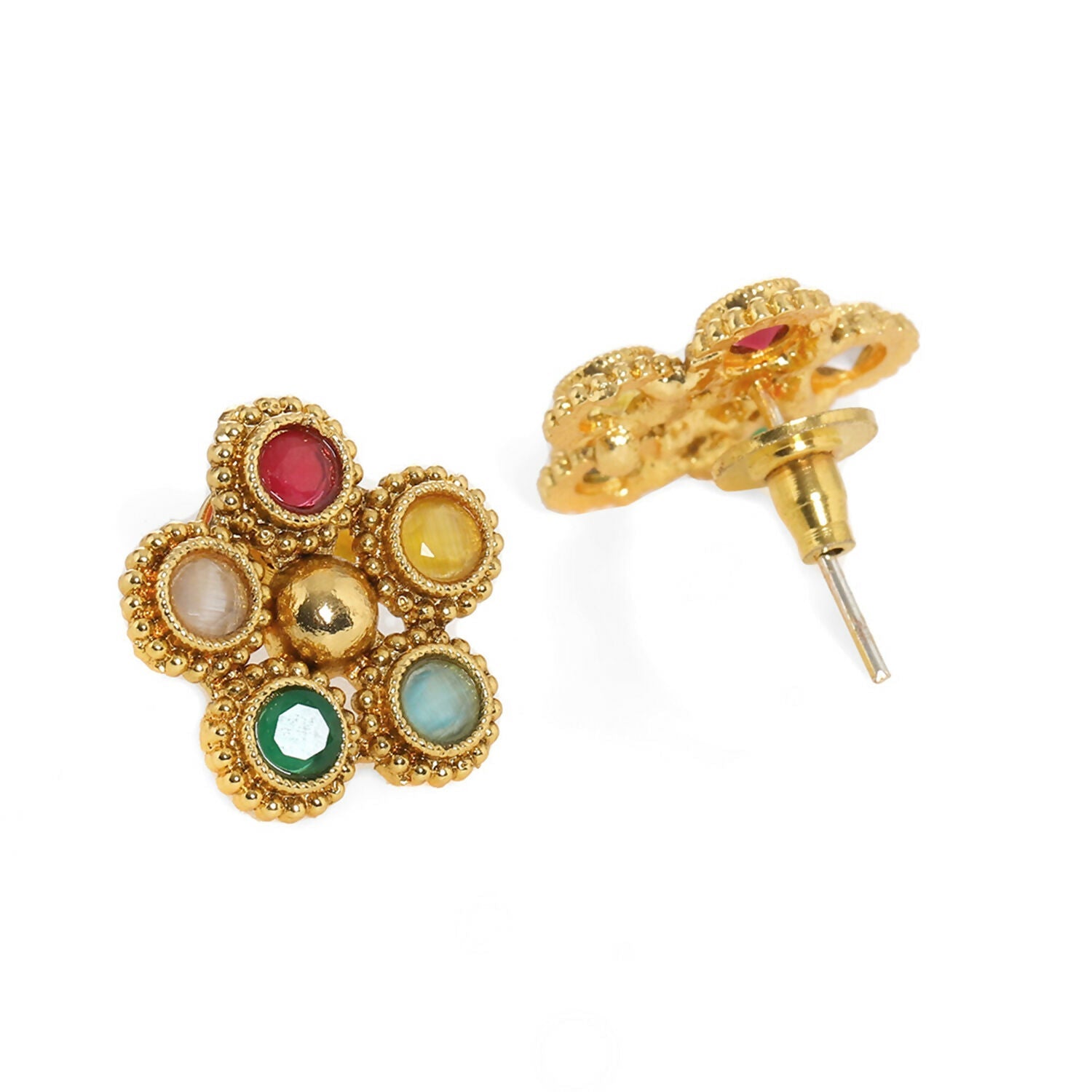 Multi Colored Stone in Gold Choker with Earrings (Multi Color) - Ruby Raang