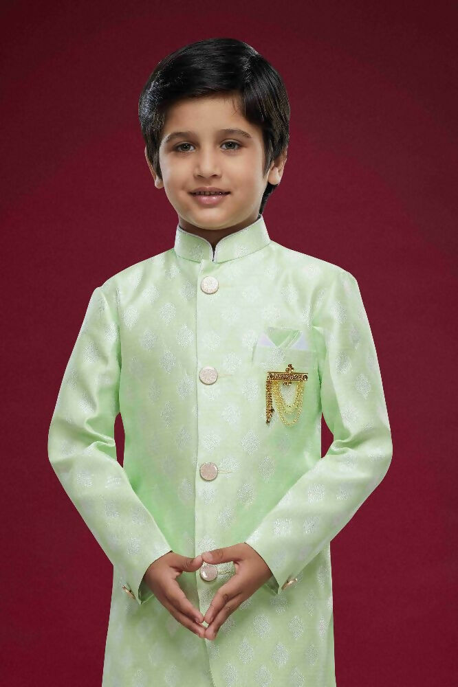 Raivat Ethnic Kids Banarasi Jacquard Woven Work Semi Indo Western Set Pista Green Colour