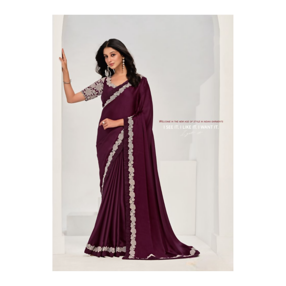 Wine Crepe Satin Silk Handwork Saree with Unstitched Blouse Piece - Norita Saanjh