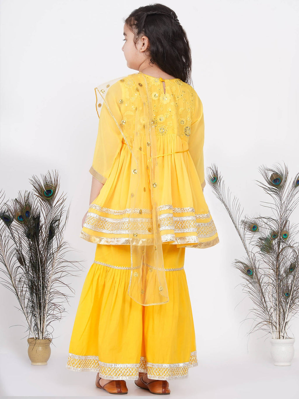 Little Bansi Girls Cotton Gotta Patti Kurta frock with Sharara & Dupatta - Yellow