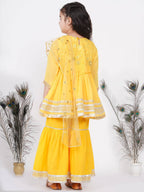Little Bansi Girls Cotton Gotta Patti Kurta frock with Sharara & Dupatta - Yellow