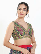 Joban Fashion Green Multi Georgette Padded Blouse With V Neck Sleeveless - Distacart
