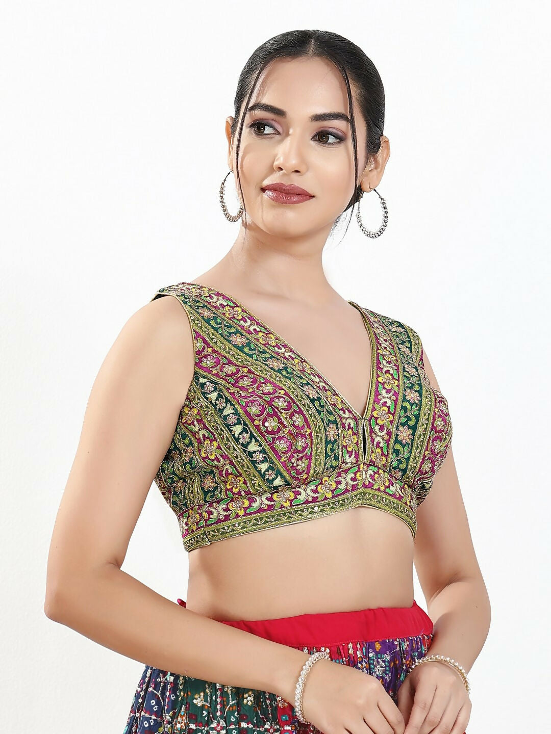 Joban Fashion Green Multi Georgette Padded Blouse With V Neck Sleeveless - Distacart