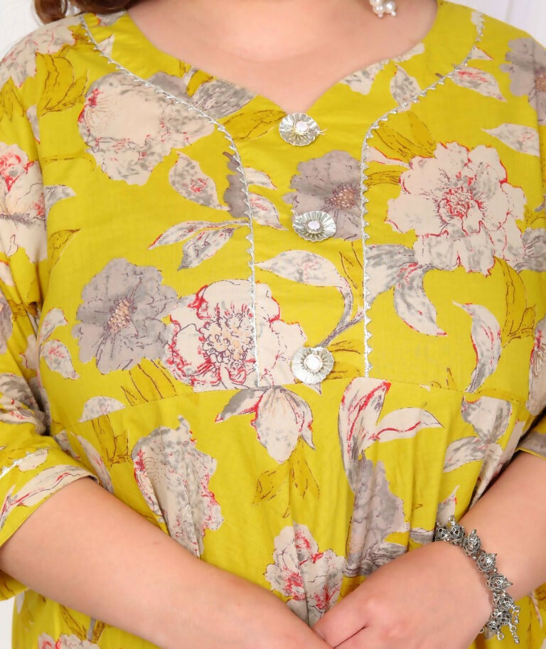 Miravan Women's Plus Size Cotton Gota Patti And Lace Border Details Floral Printed Yellow Anarkali Kurta