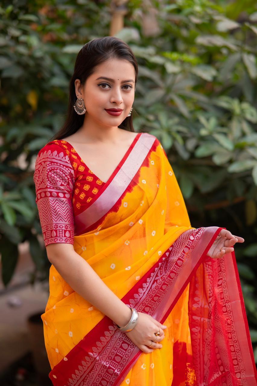 Orange Jute Silk Ethnic Motifs Saree with Unstitched Blouse - A2M - Distacart