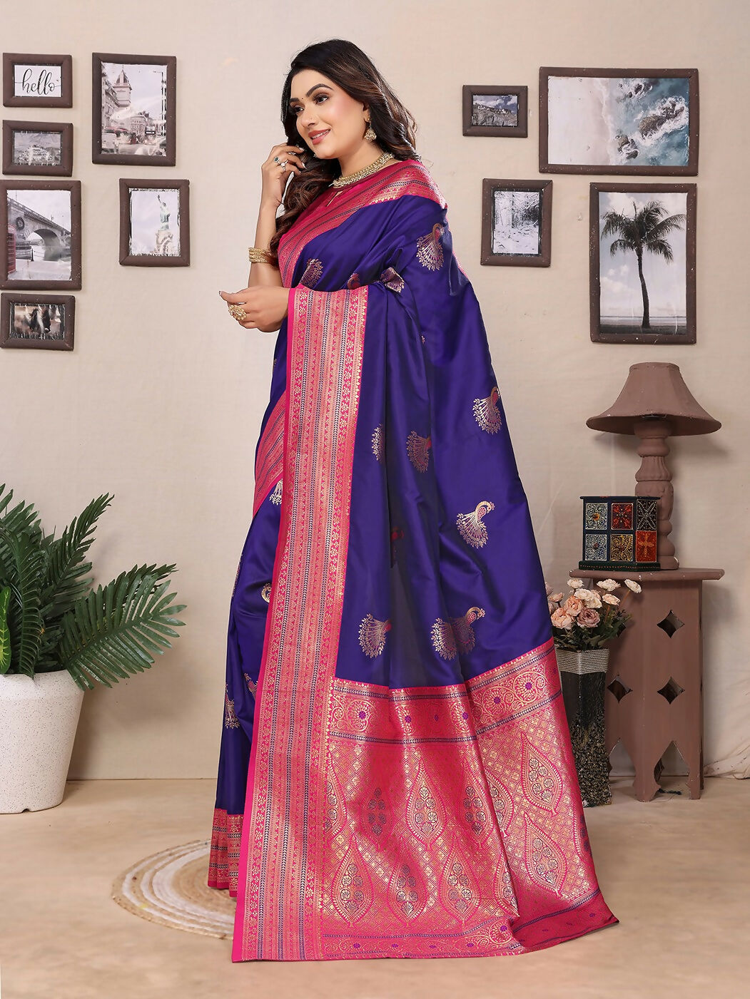 Joban Fashion Banarasi Purple Small Butti Soft Silk Saree - Distacart
