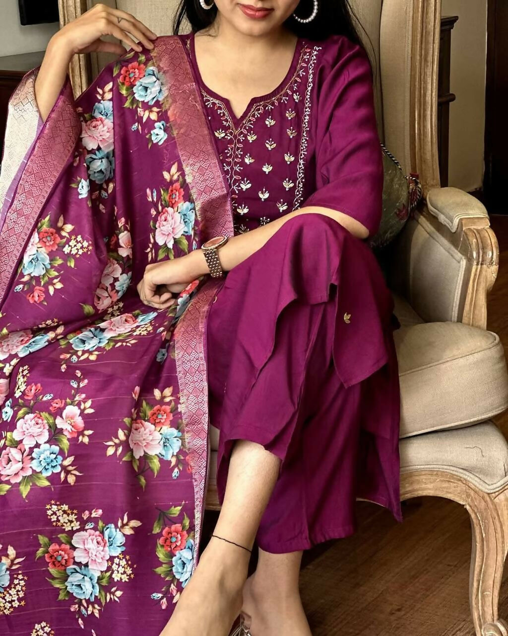 The52 Wine Women's Gorgeous Embroidered Rayon Fabric Straight Kurta Pant with Dupatta Set - Distacart