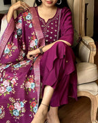 The52 Wine Women's Gorgeous Embroidered Rayon Fabric Straight Kurta Pant with Dupatta Set - Distacart