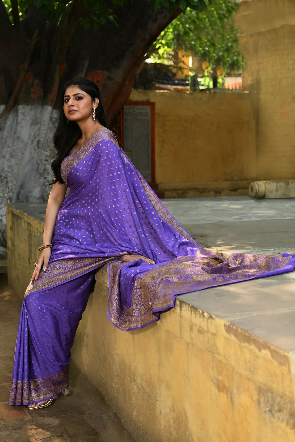 Joban Fashion Lavender Crepe Chiffon Pure Handloom Banarasi Silk Saree